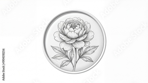 Elegant Peony Flower Illustration in Circular Frame Botanical Art.