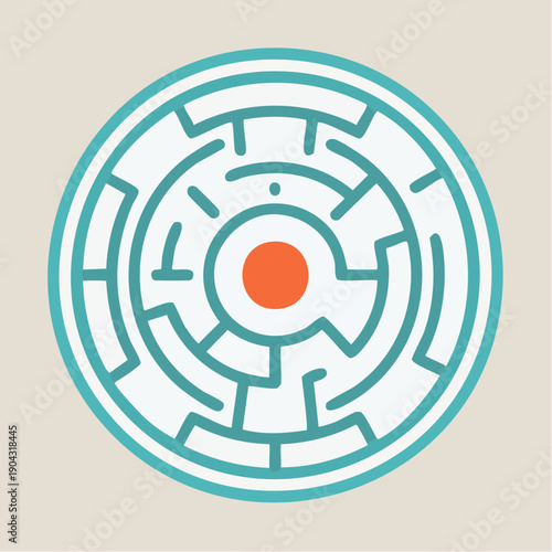 Simple maze icon with a red center on a white background.