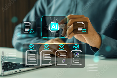 AI processor chip automating the review and approval of digital documents. Concept of machine learning, legal tech, and smart automation