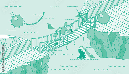 Overcoming life obstacles. Man running across a collapsing rope bridge between cliffs. Isometric outline illustration. Risk, danger, challenge, and overcoming obstacles concept.