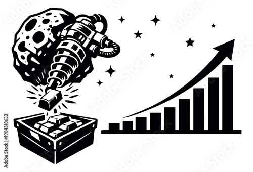 Graphic illustration of asteroid mining depicting gold extraction and financial growth for investment concepts