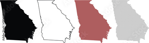 Georgia State Maps Collection: Solid Black, Outline, Red, and Dotted Styles