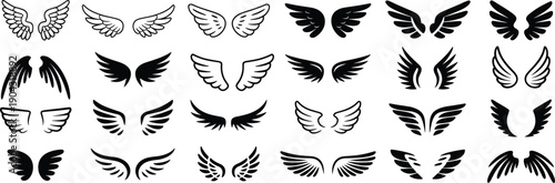 Angel wings icon set in black silhouette and outline styles with multiple feather designs, decorative flying symbol collection for tattoo, logo, fantasy, and emblem illustration.