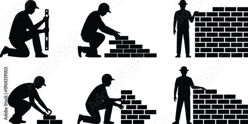 Construction worker silhouette set with bricklaying and masonry activities, builder man working on wall concept collection for architecture, renovation, building industry, and labor design.