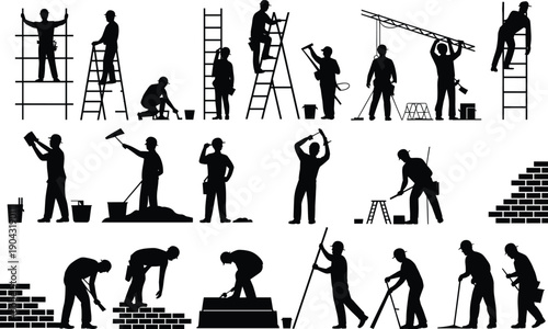 Construction worker silhouette set with builders, painters, and bricklayers using ladders and tools, labor activity collection for renovation, building industry, and teamwork concept.