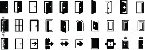 Door icon set collection in black silhouette and outline styles with open, closed, entrance and exit symbols for architecture, interior design, navigation, and UI elements.