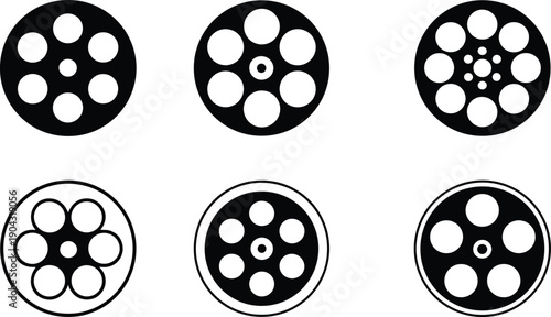 Film reel icon set in black silhouette and outline styles, cinema movie roll symbol collection for video production, multimedia editing, entertainment, and retro design concept.