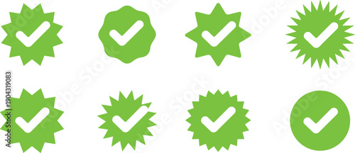 Green check mark badge icon set with starburst and circle shapes, approval and verified symbols collection for quality guarantee, success label, and certification design.