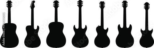 Guitar silhouette icon set in black style with acoustic and electric instruments, music symbol collection for rock band, concert design, audio branding, and logo template.