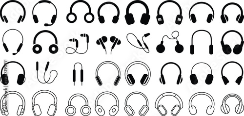 Headphone icon set collection in black silhouette and outline styles with headset and earphones variations, audio music symbols for technology, call center, and UI design.