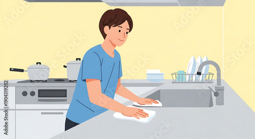 Young man cleaning the kitchen counter with a white cloth, maintaining a hygienic home environment for well-being