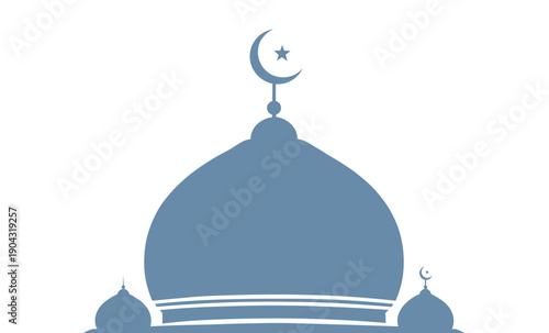 Mosque dome silhouette stands in twilight sky featuring blue crescent moon and star motifs