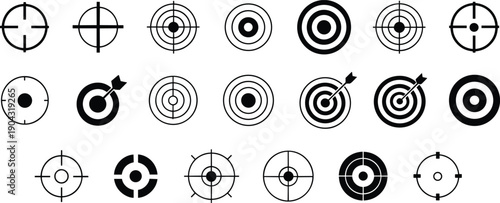 Target and crosshair icon set in black silhouette and outline styles with aim symbols, bullseye collection for shooting, accuracy, goal, and focus design elements.