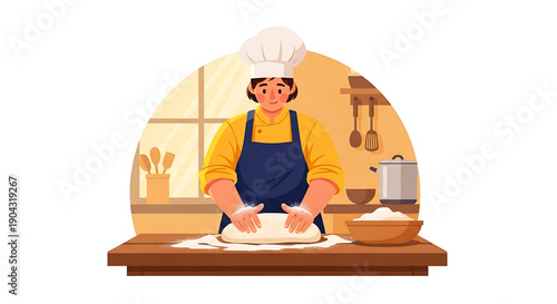 Dedicated chef in a white toque kneads fresh dough on a wooden kitchen counter, preparing homemade baked goods with care and skill for a delightful culinary experience