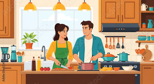Happy couple cooking together in a modern kitchen, preparing a healthy and delicious meal with fresh ingredients, sharing a heartwarming culinary experience at home