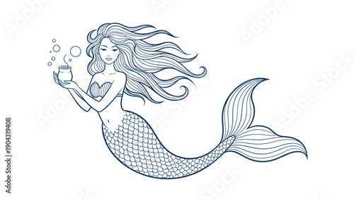 Beautiful vintage-style line art illustration of a mermaid with long, flowing hair holding a cup, with bubbles rising from it.