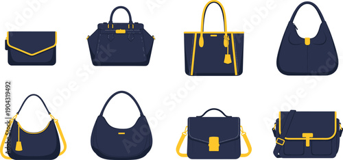 Elegant Handbag Collection Vector Set with Stylish Women Shoulder Bags, Tote and Crossbody Fashion Accessories in Minimal Modern Flat Illustration Style