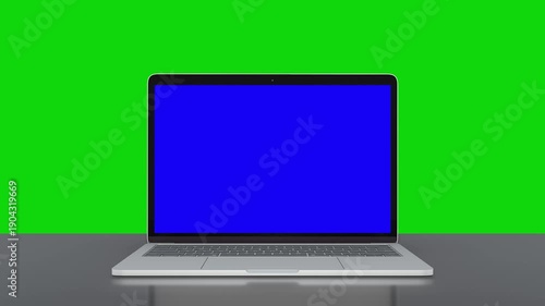 3d rendering of a laptop opening and showing a green screen on a white background. Modern grey Laptop Animated Mockup, Front Side Perspective View, Green Screens. Silver Laptop Animated Opening Mockup
