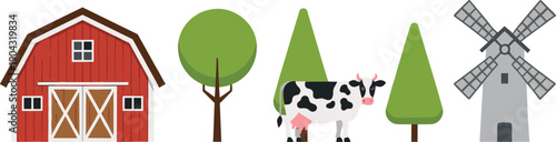 Farm Landscape Vector Illustration with Red Barn, Cow, Trees and Windmill in Simple Flat Cartoon Style Rural Agriculture Scene Design
