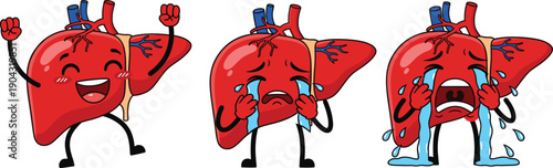 Cute Liver Organ Cartoon Character Vector Set Showing Happy, Sad and Crying Emotions, Medical Anatomy Mascot Illustration in Funny Kawaii Style
