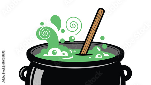 Cartoon illustration of a black witch's cauldron bubbling with a swirling green potion and a wooden stirring spoon inside.