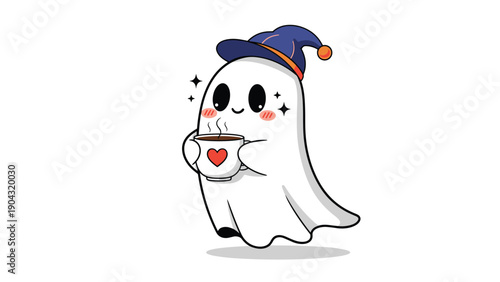 Adorable kawaii ghost character wearing a little witch hat and holding a steaming mug of coffee or hot chocolate with a heart.
