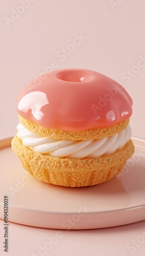 Delicate pink glazed pastry with white cream filling on a plate