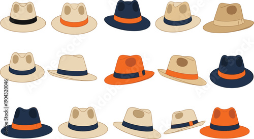 Fedora Hat Collection Vector Set with Classic Fashion Headwear in Beige, Orange and Black Colors, Minimal Flat Cartoon Style Accessory Illustration