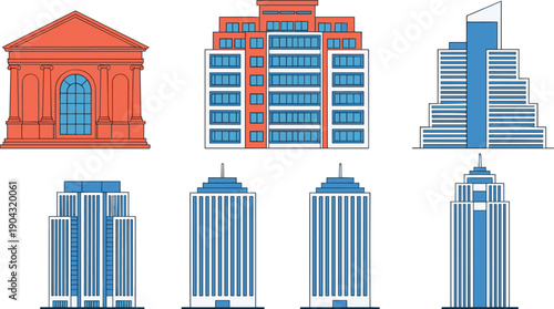 City Buildings Architecture Vector Set with Modern Skyscrapers, Office Towers and Classical Urban Structures in Clean Minimal Line Cartoon Illustration Style