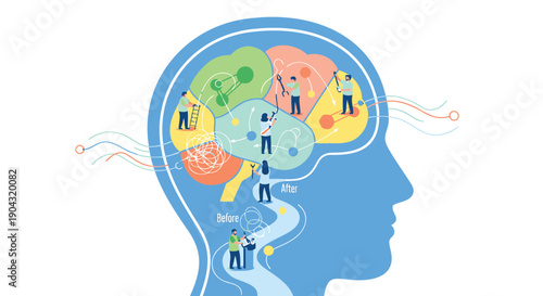 Vector brain illustration with people and ideas, for psychology or education, infographic element, isolated on white background