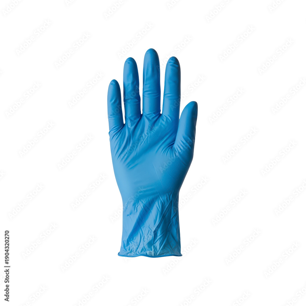 Obraz premium Blue disposable glove hand raised in stop gesture