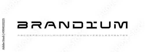 Technical font, digital wide cyber alphabet, semi bold letters from A to Z and numbers from 0 to 9 for you logo designs, vector illustration 10EPS