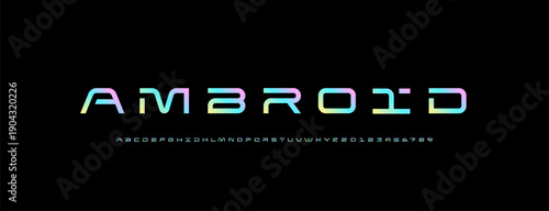 Technical font, digital wide cyber alphabet, bright letters from A to Z and numbers from 0 to 9 for you logo designs, vector illustration 10EPS