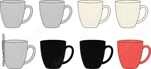 Ceramic Coffee Mug Collection Vector Set with Ribbed Texture Cups in Neutral and Modern Colors for Kitchen Drinkware Design Illustration