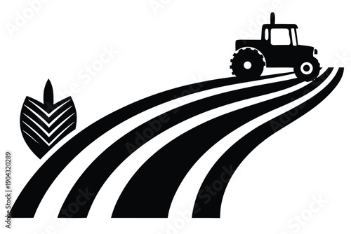 tractor path through farmland silhouette vector il