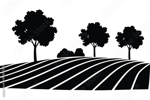 rural field with windbreak trees silhouette vector