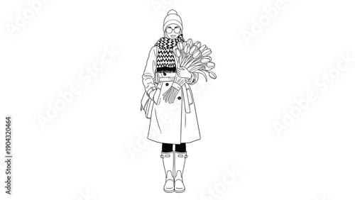 Stylish woman wearing a warm winter coat and knitted scarf holding a large beautiful bouquet of fresh tulips on a bright winter or spring day.