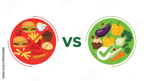 Visual comparison between unhealthy fast food snacks and healthy fresh vegetables and fruits in red and green circles for a balanced diet.