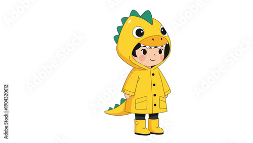 Adorable cartoon child wearing a bright yellow dinosaur raincoat with spikes and a tail, ready for a rainy day adventure.