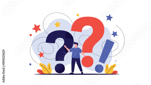Confused man looking for answers while surrounded by large colorful question marks and exclamation points representing a complex problem.