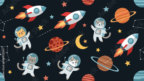 Whimsical seamless pattern of cute cats in astronaut suits floating among colorful rockets and planets in the vastness of outer space.