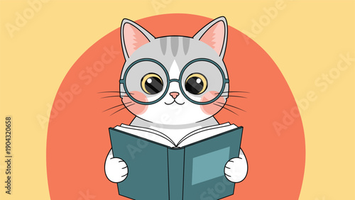 Adorable cartoon tabby cat with big round glasses and blushing cheeks diligently reading a book against a warm colored background.