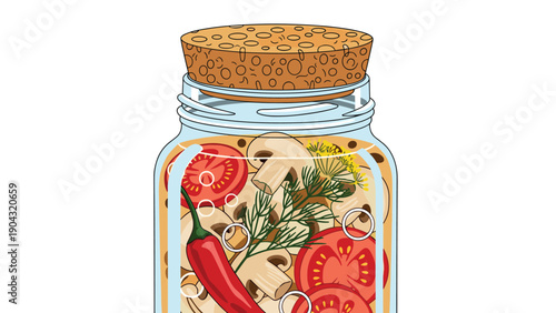Glass jar filled with marinated mushrooms, sliced tomatoes, red chili pepper, and fresh dill representing traditional home food preservation.