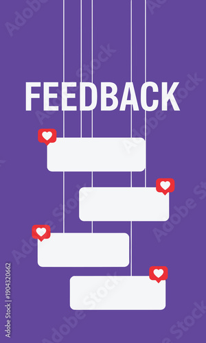 A purple background displays the word feedback with hanging heart decorated rectangular boxes high-quality professional