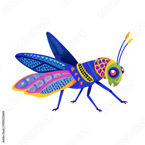 Funny cartoon vector illustration of a colorful blue and yellow beetle bug and a flying bee isolated on white with macro nature insect details