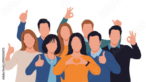 Diverse group of smiling people showing positive gestures like thumbs up, okay sign, and heart symbol to represent unity and happiness.