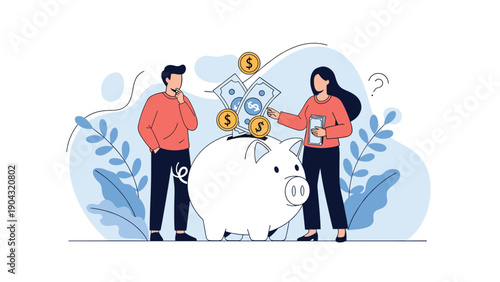 Young couple collaborating on their financial future by putting money and banknotes into a large white piggy bank in a modern setting.