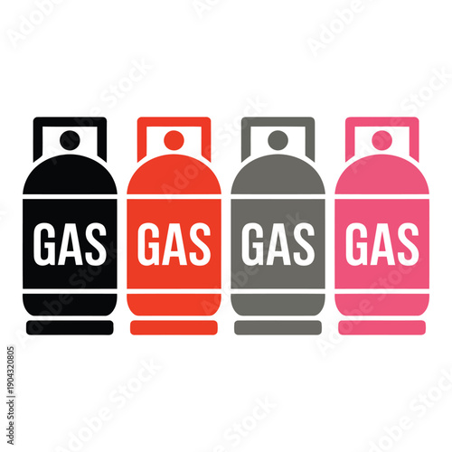 Four gas canisters in a row with gas written on each