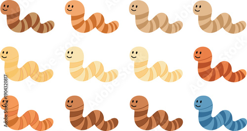 Cute Cartoon Worm Character Vector Set with Colorful Garden Caterpillar Mascots in Simple Flat Kawaii Style for Kids Nature Illustration Design
