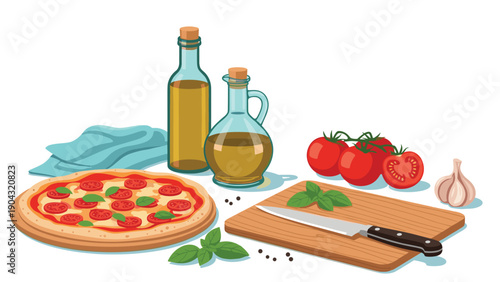 Delicious pepperoni pizza on a wooden board surrounded by fresh ingredients like tomatoes, garlic, basil, and olive oil for a perfect meal.
